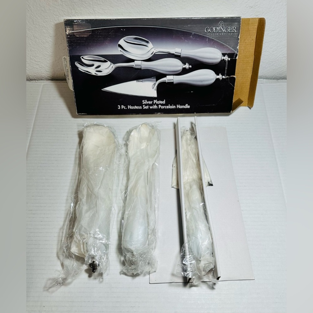 Godinger Art Co. Silver Plated 3 Pc. Hostess Serving Set w/ Porcelain Handle New